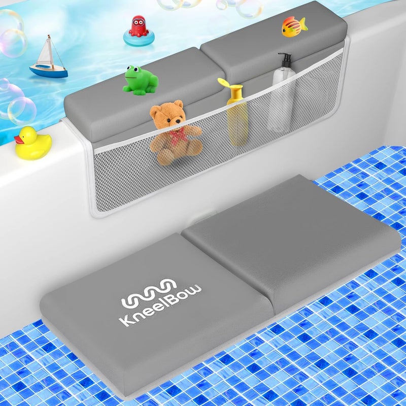 Kneelbow Baby Bath Kneeler and Elbow Rest Pad 2 Pieces Set with 3 Spacious Pocket to Organize Baby Acessories, 1.5" Thick Non-Slip, Soft, Fast-Drying Foldable Toddler Bath (Grey) - Image 1