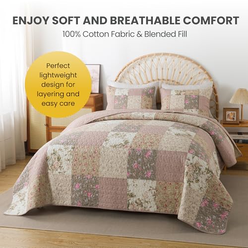 SLPR Secret Garden Patchwork Cotton Pieced Quilt Set - King with 2 Shams, Country Shabby Chic Bedding with Flower Pattern, Pink Floral Farmhouse Quilted Bedspread for All Seasons - Image 3