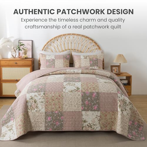 SLPR Secret Garden Patchwork Cotton Pieced Quilt Set - King with 2 Shams, Country Shabby Chic Bedding with Flower Pattern, Pink Floral Farmhouse Quilted Bedspread for All Seasons - Image 2