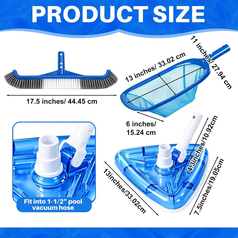 Tioncy 3 Pcs Pool Cleaning Kit Manual Pool Vacuum Head with Bottom Brushes, Large Brush and Skimmer Net Fine Mesh for Above Ground In-ground Ponds Spas Hot Tubs - Image 2
