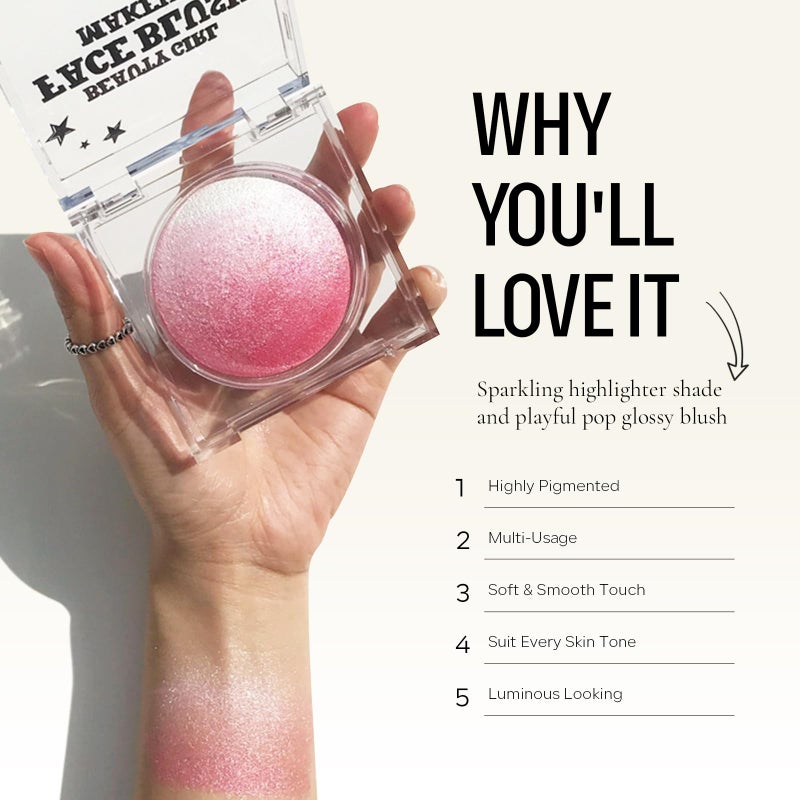 KYDA Pink Baked Blush, Pink Glow Powder for Blush and Highlighter, High Glossy Finish, Lightweight Blendable Shimmer Blusher, Multiuse Baked Powder, 0.53 oz - Image 5