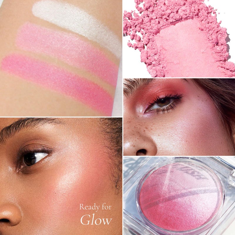 KYDA Pink Baked Blush, Pink Glow Powder for Blush and Highlighter, High Glossy Finish, Lightweight Blendable Shimmer Blusher, Multiuse Baked Powder, 0.53 oz - Image 2