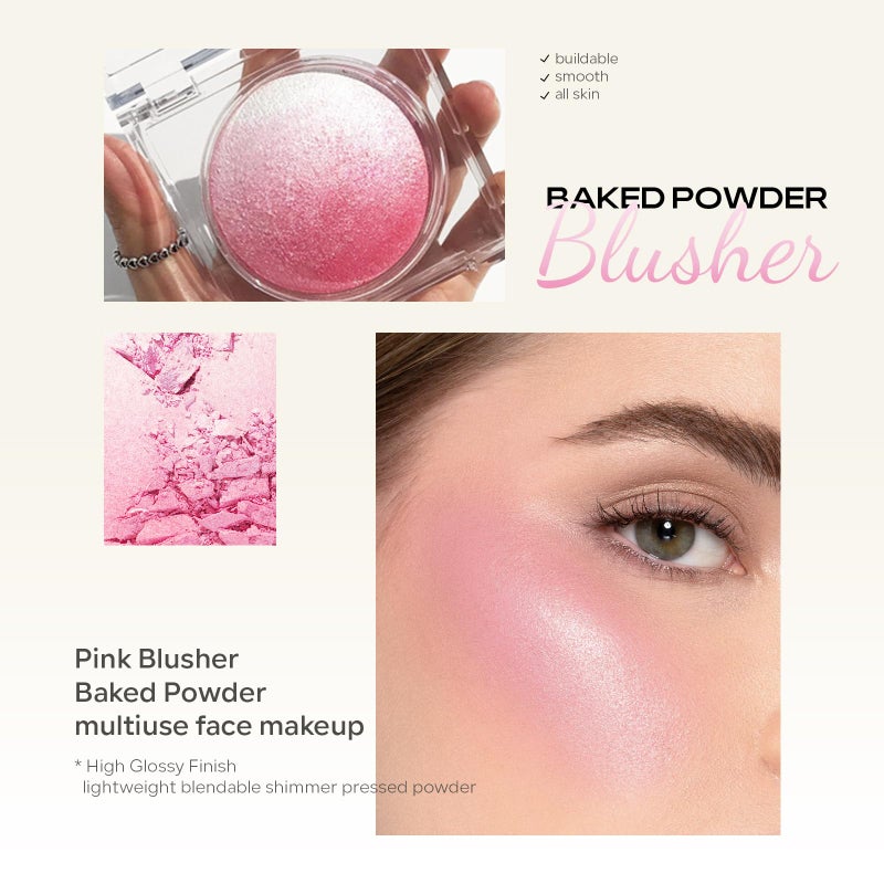 KYDA Pink Baked Blush, Pink Glow Powder for Blush and Highlighter, High Glossy Finish, Lightweight Blendable Shimmer Blusher, Multiuse Baked Powder, 0.53 oz - Image 3