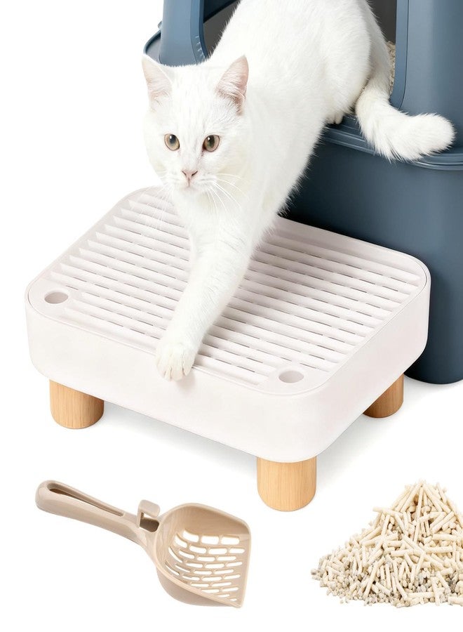 YOSINXU Litter Box Step with Litter Shovel, Box Ramp/Catcher with Wooden Base, Easy Cleaning with Filter Function Ideal for Cats Pedal Stool Kitten & Elderly Cats (Color:White) - Image 1