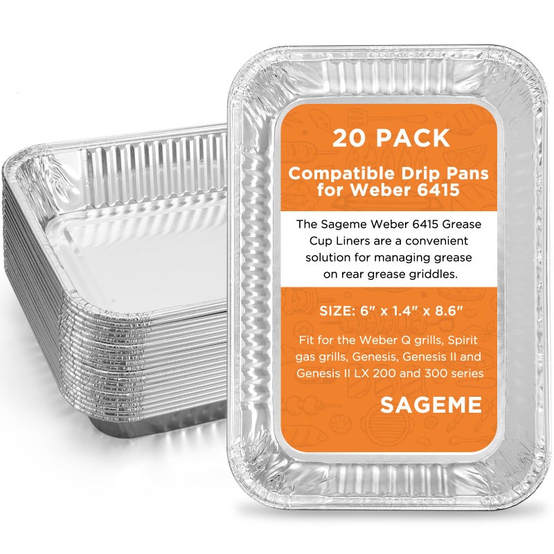 Sageme 20 Pack Weber Grills Compatible Drip Pans 6415 for Weber Grills Spirit Gas Grills, Q Grills, Genesis and Genesis II LX 200 300 Series Disposable Aluminum Foil Grease Trays 6 x 1.4 x 8.6 Inches - Image 1