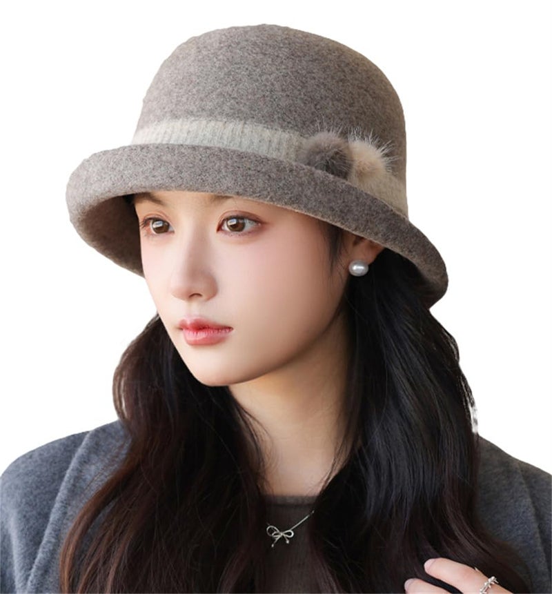 Pocadri Vintage Felt Bucket Hat for Women Elegant Fedora Cloche Cap Warm Slouchy Solid Bowler Hat Fall Winter - Image 1