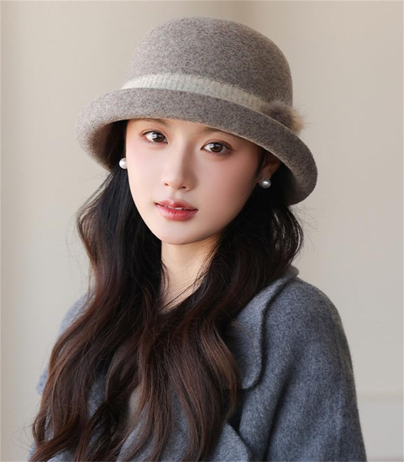 Pocadri Vintage Felt Bucket Hat for Women Elegant Fedora Cloche Cap Warm Slouchy Solid Bowler Hat Fall Winter - Image 2