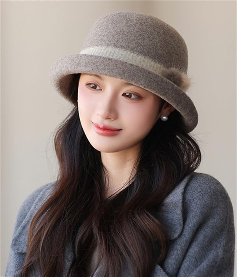 Pocadri Vintage Felt Bucket Hat for Women Elegant Fedora Cloche Cap Warm Slouchy Solid Bowler Hat Fall Winter - Image 3