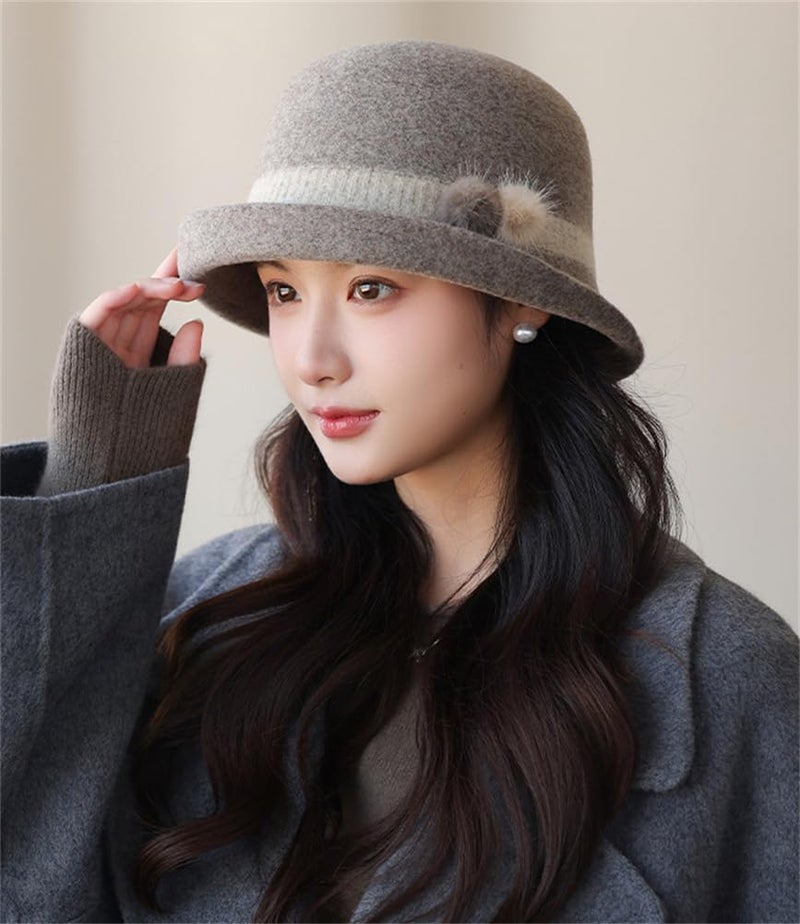Pocadri Vintage Felt Bucket Hat for Women Elegant Fedora Cloche Cap Warm Slouchy Solid Bowler Hat Fall Winter - Image 4