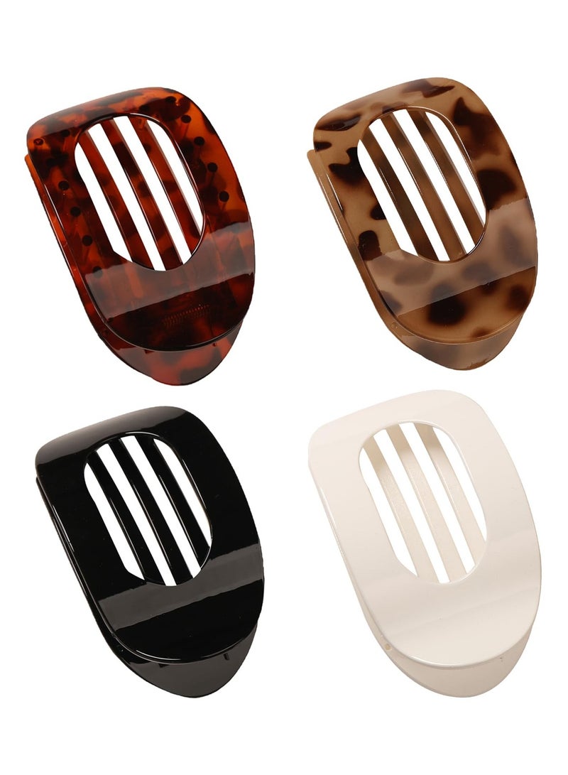 4 قطع مشابك شعر مسطحة مستديرة مسطحة للنساء والفتيات، مشابك شعر فرنسية أنيقة قوية التثبيت للشعر الكثيف الرقيق (طبعة ليوبارد + ألوان سادة لامعة) - Image 1