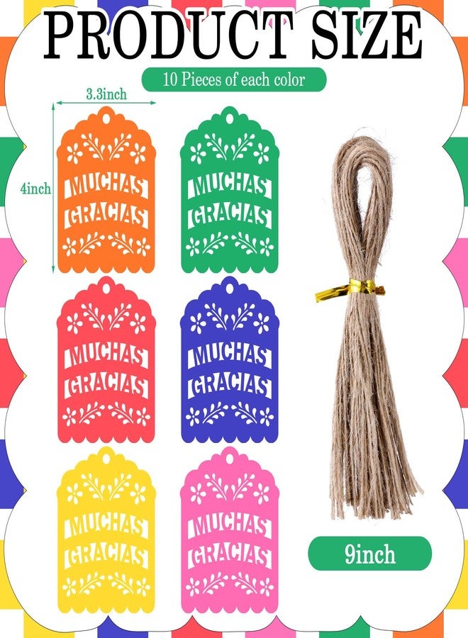 Fuyoooo 60 Pcs Cinco De Mayo Papel Picado Gift Tags Fiesta Mexican Party Favors Colorful Thank You Tags with String for Mexican Candy Bags, Baby Shower Party Decoration(Multicolor,Muchas Gracias) - Image 2