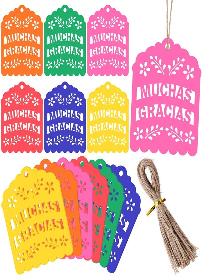 Fuyoooo 60 Pcs Cinco De Mayo Papel Picado Gift Tags Fiesta Mexican Party Favors Colorful Thank You Tags with String for Mexican Candy Bags, Baby Shower Party Decoration(Multicolor,Muchas Gracias) - Image 1