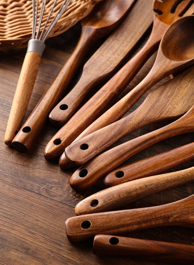 NAYAHOSE Wooden Kitchen Utensils Set, 11 Pcs Teak Wood Cooking Utensils Spoons Spatulas Spurtles Kit Non-stick Natural Kitchen Tools for Cooking - Image 5