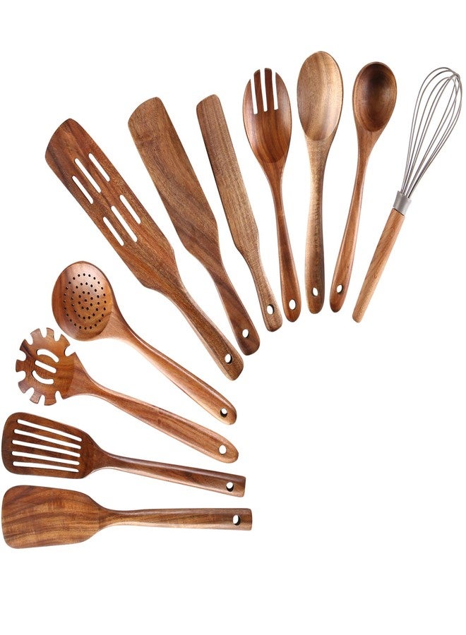 NAYAHOSE Wooden Kitchen Utensils Set, 11 Pcs Teak Wood Cooking Utensils Spoons Spatulas Spurtles Kit Non-stick Natural Kitchen Tools for Cooking - Image 1