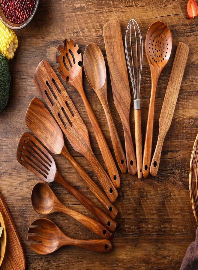 NAYAHOSE Wooden Kitchen Utensils Set, 11 Pcs Teak Wood Cooking Utensils Spoons Spatulas Spurtles Kit Non-stick Natural Kitchen Tools for Cooking - Image 3