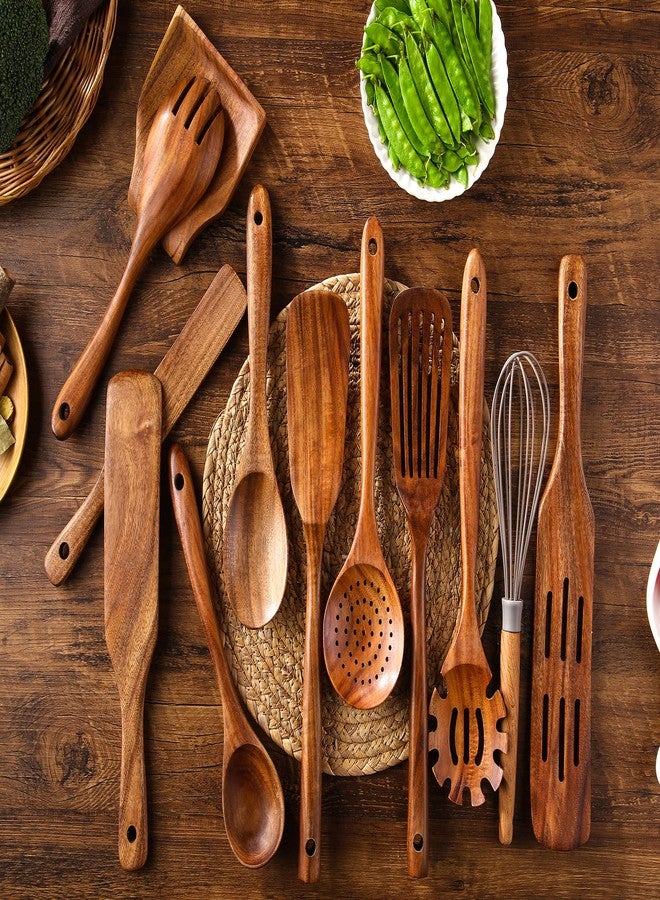 NAYAHOSE Wooden Kitchen Utensils Set, 11 Pcs Teak Wood Cooking Utensils Spoons Spatulas Spurtles Kit Non-stick Natural Kitchen Tools for Cooking - Image 2