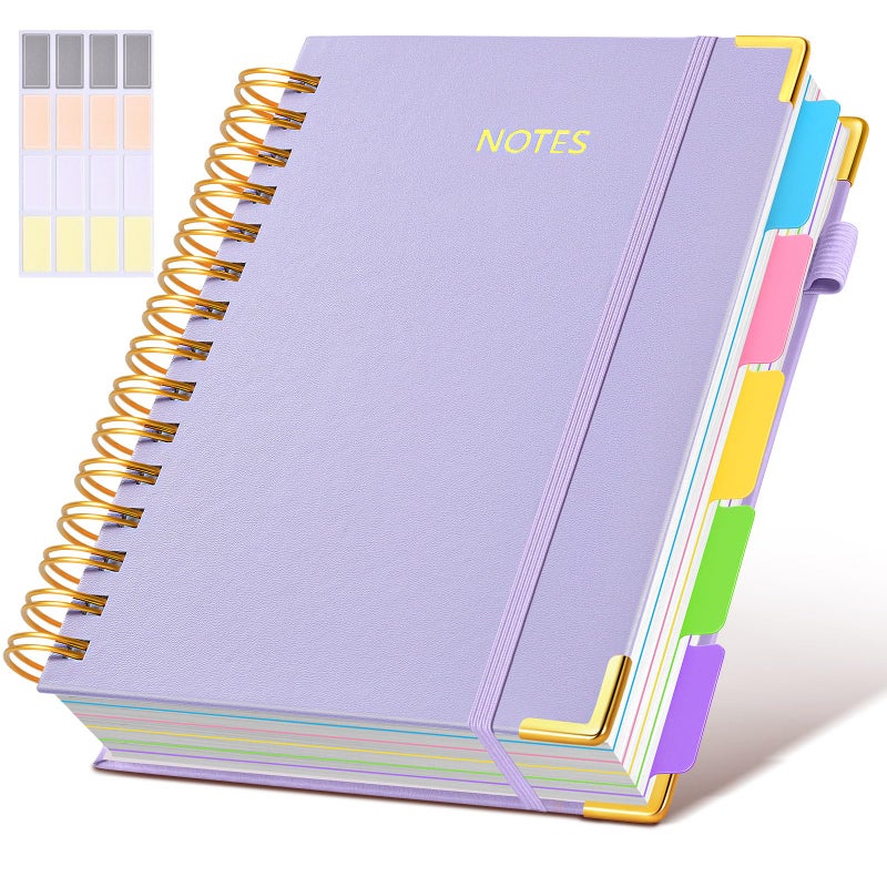 dilitego Hardcover Spiral Notebook journal with Removable Dividers Tabs, 300 Pages Leather 5 Subject Notebook College Ruled, 100GMS A5 Notebooks for Work School Note taking,Lined Journal for Women,A5 Purple - Image 1
