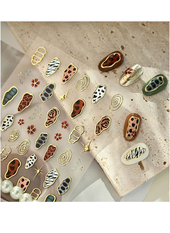Retro Animal Pattern Nail Stickers - 3D Gold Color Leopard Print Nail Art Stickers Vintage Animal Print Design Nail Decals Personalized Zebra Cow Pattern Self-Adhesive Nail Art Supplies for Women - Image 2