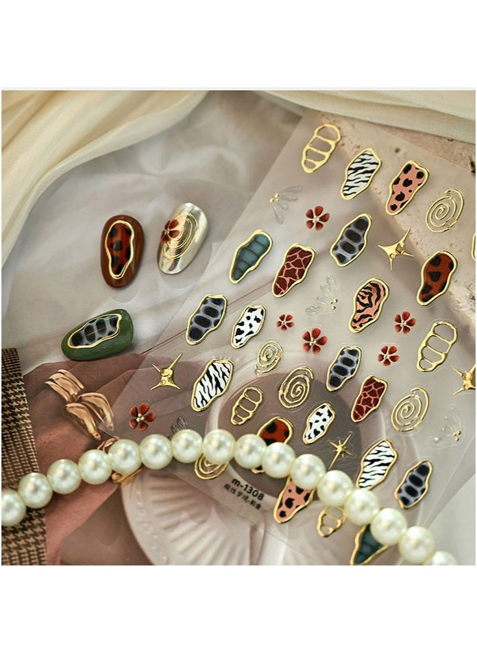 Retro Animal Pattern Nail Stickers - 3D Gold Color Leopard Print Nail Art Stickers Vintage Animal Print Design Nail Decals Personalized Zebra Cow Pattern Self-Adhesive Nail Art Supplies for Women - Image 3