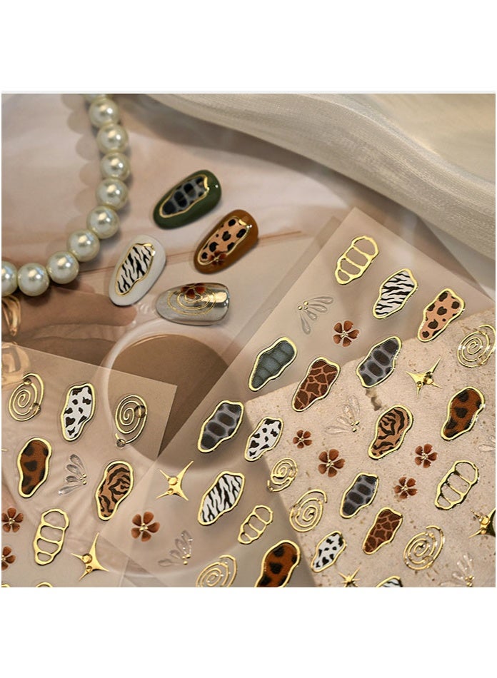 Retro Animal Pattern Nail Stickers - 3D Gold Color Leopard Print Nail Art Stickers Vintage Animal Print Design Nail Decals Personalized Zebra Cow Pattern Self-Adhesive Nail Art Supplies for Women - Image 4