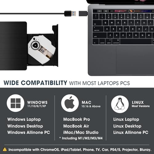 ROOFULL External CD DVD Drive for Laptop with Carrying Case, USB 3.0 Type-C DVD Player CD Disc Reader Writer Burner Portable for Windows 11/10/7 Computer Mac MacBook Linux PC, ECD819-SU3 - Image 4