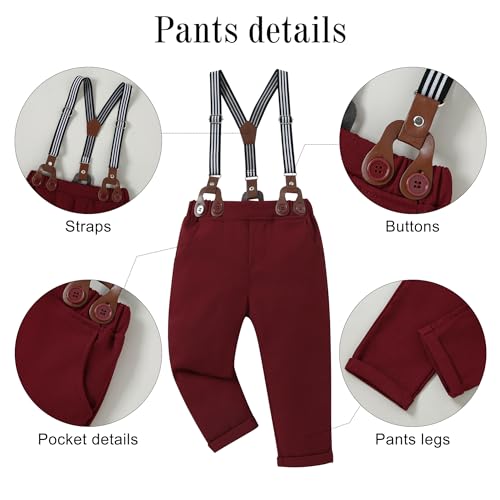 YALLET Toddler Baby Boy Clothes Suit Gentleman Wedding Outfits, Formal Dress Shirt+Bowtie+Vest+Boutonniere+Suspender Pants(V Red, 2-3T) - Image 5