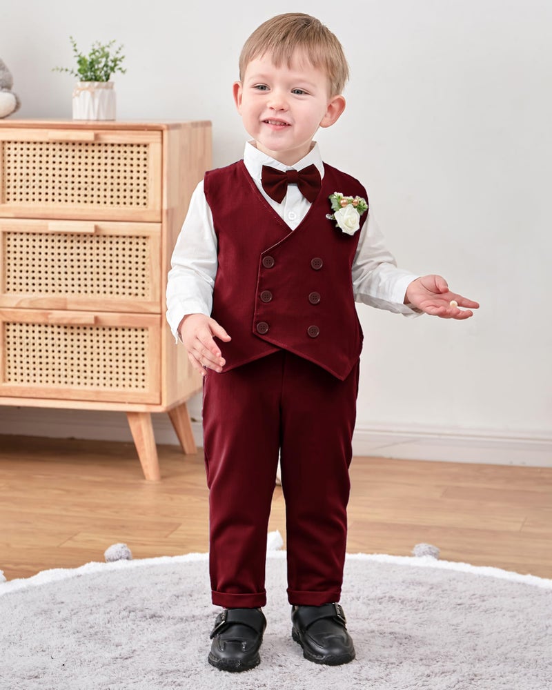 YALLET Toddler Baby Boy Clothes Suit Gentleman Wedding Outfits, Formal Dress Shirt+Bowtie+Vest+Boutonniere+Suspender Pants(V Red, 2-3T) - Image 3