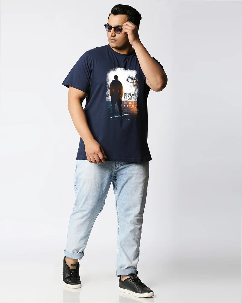 bewakoof  Men's Blue Make Tracks Graphic Printed Plus Size T-shirt for Men | Best Price UAE