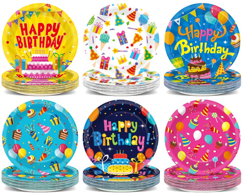 Justforjoyful 60Pcs Happy Birthday Plates Party Supplies 7â€ Colorful Birthday Plates Colorful Happy Birthday Tableware Party Decorations for Kids Boys Girls Birthday Cake Dinnerware Party Favors for 60 Guest - Image 1