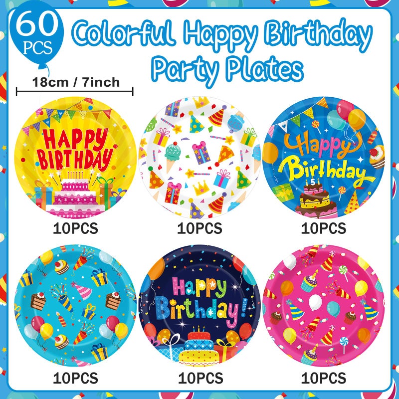 Justforjoyful 60Pcs Happy Birthday Plates Party Supplies 7â€ Colorful Birthday Plates Colorful Happy Birthday Tableware Party Decorations for Kids Boys Girls Birthday Cake Dinnerware Party Favors for 60 Guest - Image 2