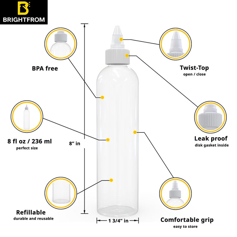 BRIGHTFROM Twist Top Applicator Bottles, 8 OZ Crystal Clear, Squeeze Empty Plastic Bottles, BPA-Free, PET, Refillable, Open/Close Nozzle - Multi Purpose (Pack of 3) - Image 2