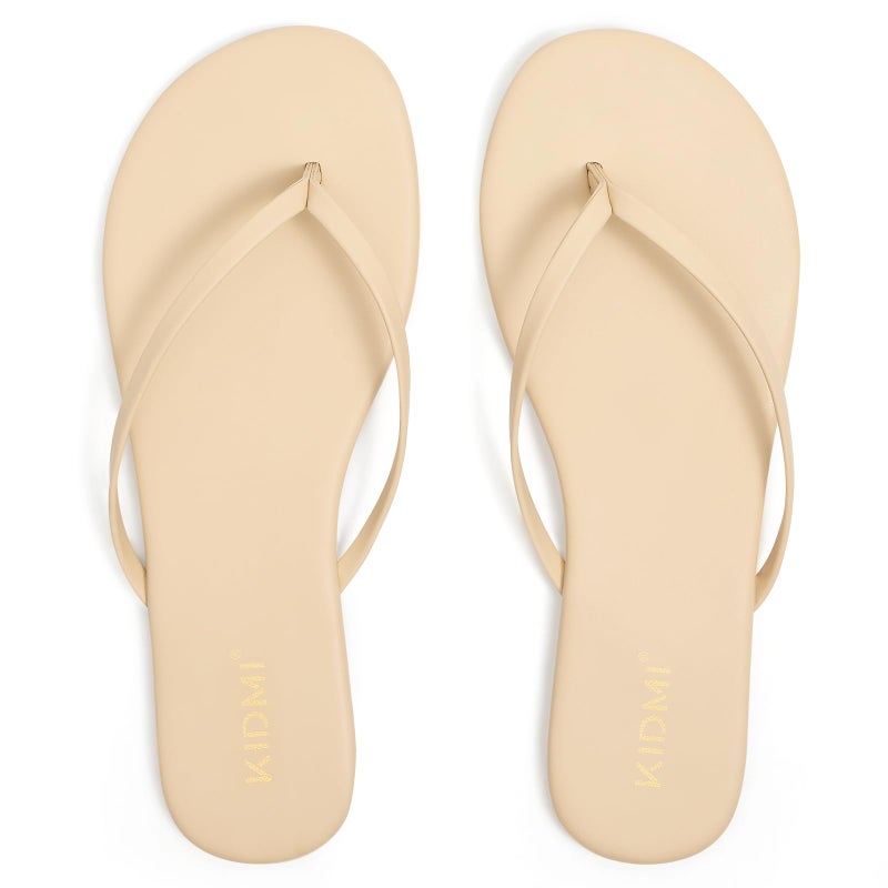 KIDMI Thong Flip Flops for Women - Memory Foam Summer Beach Sandals for Women - Vegan Leather Flat Sandals, Beige EU 39 - Image 4