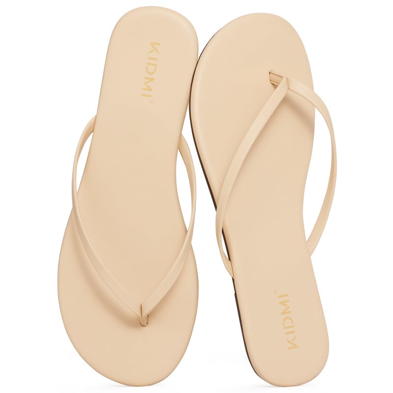 KIDMI Thong Flip Flops for Women - Memory Foam Summer Beach Sandals for Women - Vegan Leather Flat Sandals, Beige EU 39 - Image 1