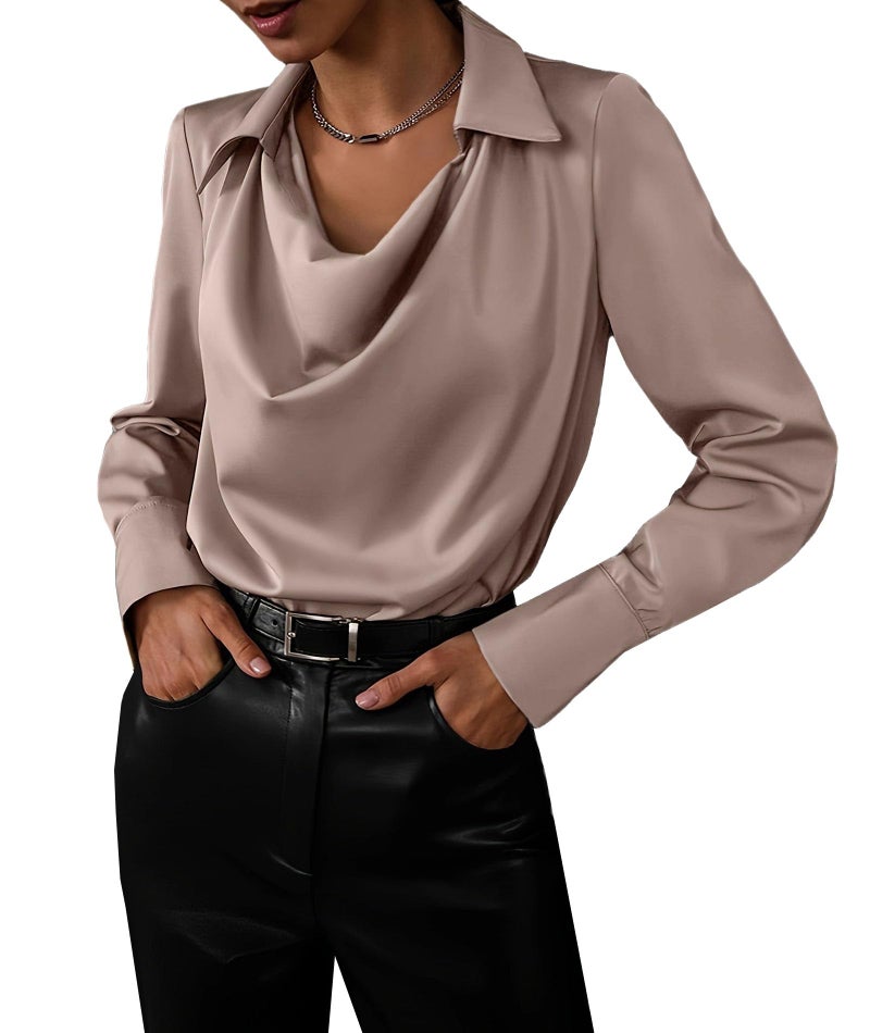 SOMTHRON Womens Elegant Satin Silk Blouse Cowl Neck Ruched Front Draped Long Sleeve Work Office Shirt Top LCL Champagne