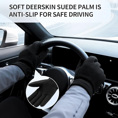 OZERO Winter Gloves for Men Women: -20F Deerskin Waterproof Windproof Leather Polar Fleece Cotton Warm Thermal Insulated Womens Mens Gloves Winter Work Running in Cold Weather-L Denim Black - Image 4