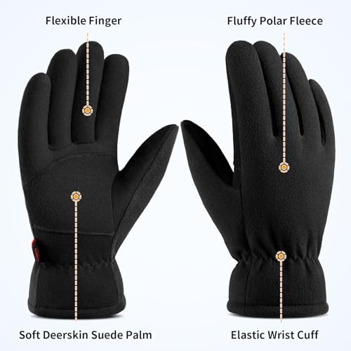 OZERO Winter Gloves for Men Women: -20F Deerskin Waterproof Windproof Leather Polar Fleece Cotton Warm Thermal Insulated Womens Mens Gloves Winter Work Running in Cold Weather-L Denim Black - Image 3