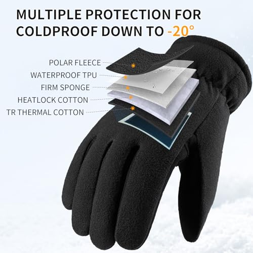 OZERO Winter Gloves for Men Women: -20F Deerskin Waterproof Windproof Leather Polar Fleece Cotton Warm Thermal Insulated Womens Mens Gloves Winter Work Running in Cold Weather-L Denim Black - Image 2