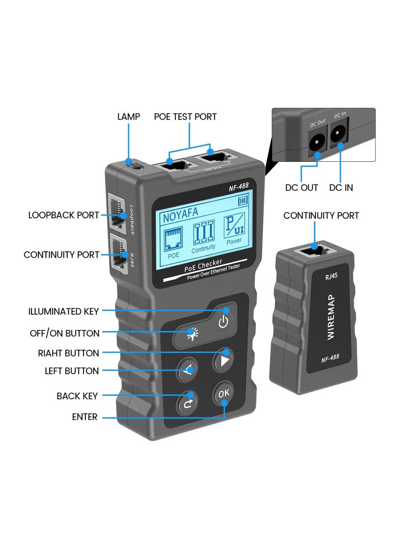 SYOSI - RJ45 Network Cable Tester, Multifunction Poe Ethernet Cable Tester Kit for CAT5e/CAT6/CAT6a, Network Cable Continuity Tester DC Power & Switch Loop-Back Test Poe Checker, Fault Distance Location - Image 1