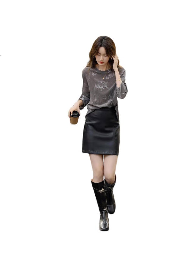 dme Knitted Embossed】Spring Cold Wind Round Neck Long Sleeve Slightly Elastic Comfortable Slightly Transparent Flesh-Colored T-Shirt Women - Image 3