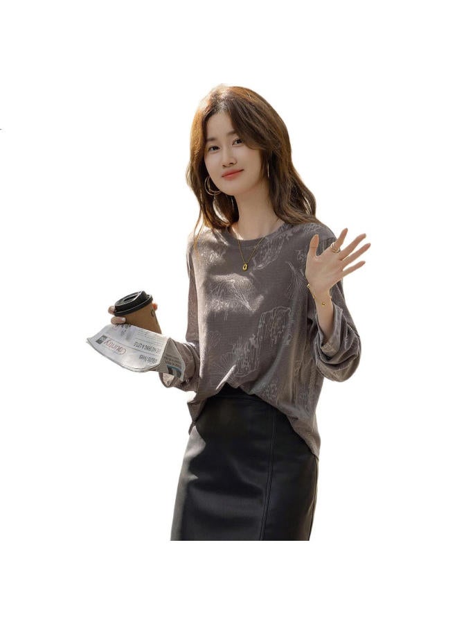 dme Knitted Embossed】Spring Cold Wind Round Neck Long Sleeve Slightly Elastic Comfortable Slightly Transparent Flesh-Colored T-Shirt Women - Image 1