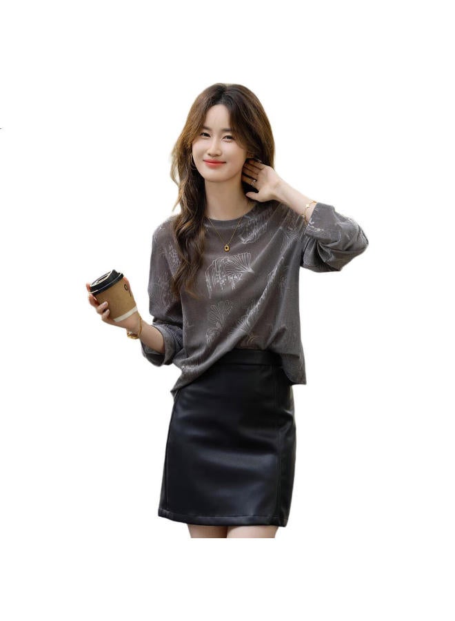 dme Knitted Embossed】Spring Cold Wind Round Neck Long Sleeve Slightly Elastic Comfortable Slightly Transparent Flesh-Colored T-Shirt Women - Image 2