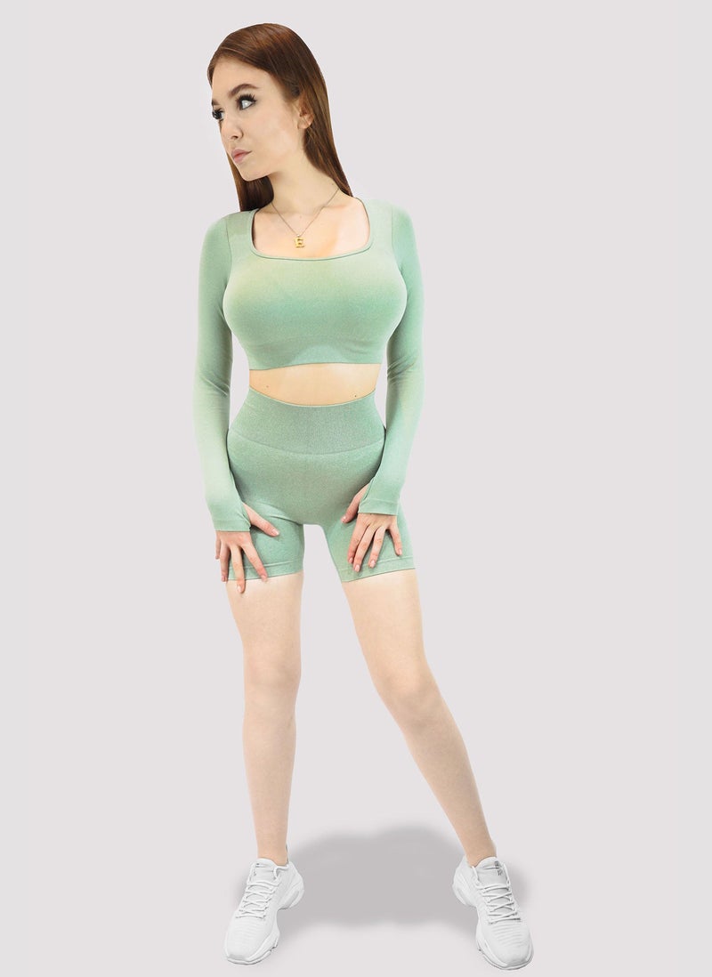 KIDWALA ACTIVE Kidwala 2 Pieces Balance Green Stretchable Set - High Cropped Waist Cycling Shorts, Long Sleeves with Thumb holes, Round neck Top, Ribbed
 waistband, Workout Gym Yoga Outfit for Women (Small, Green) - Image 4