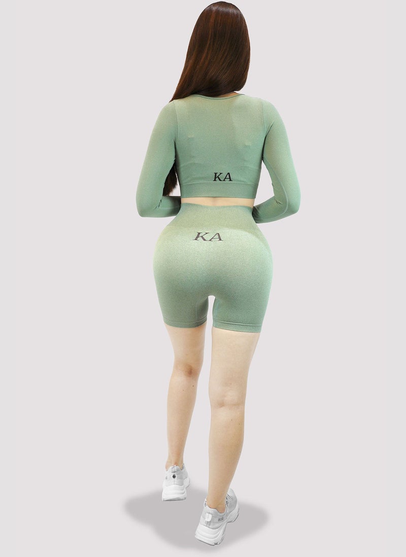 KIDWALA ACTIVE Kidwala 2 Pieces Balance Green Stretchable Set - High Cropped Waist Cycling Shorts, Long Sleeves with Thumb holes, Round neck Top, Ribbed
 waistband, Workout Gym Yoga Outfit for Women (Small, Green) - Image 2