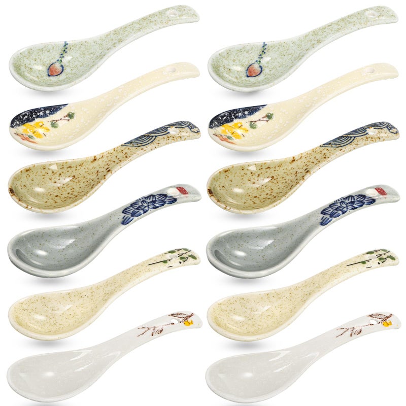 Cididu Set of 12 Asian Soup Spoons Ceramic Retro Japanese Soup Spoons Delicate Chinese Serving Spoon Porcelain Ramen Spoon for Pho Miso Noodles Dessert Wonton Dumpling Dishwasher Safe 55L