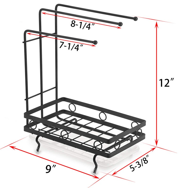 JUXYES Kitchen Sink Caddy Sponge Holder with Dishcloth Drying Rack  Kitchen Rag Stand Sponge Brush Soap Dish Dishcloth Rack Sink Storage Organizer for Kitchen Countertop (Black) - Image 2