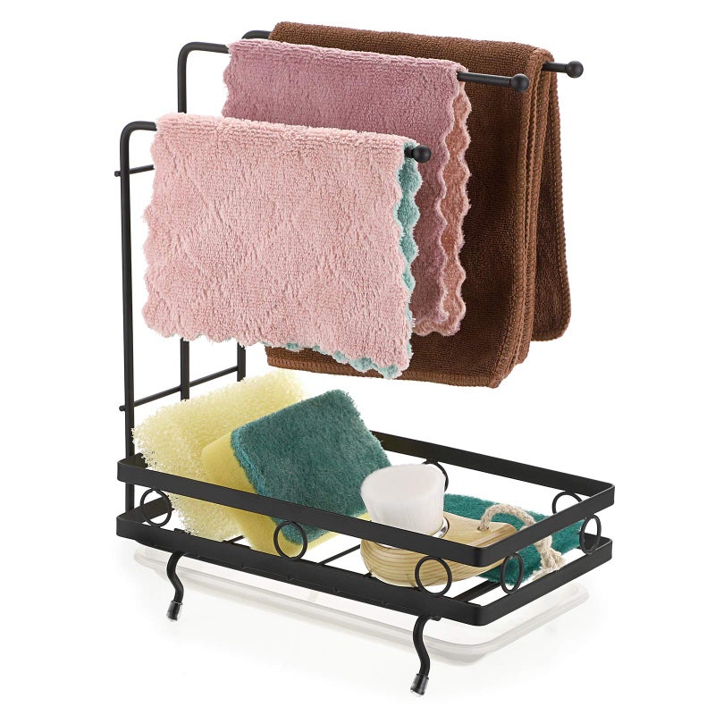 JUXYES Kitchen Sink Caddy Sponge Holder with Dishcloth Drying Rack  Kitchen Rag Stand Sponge Brush Soap Dish Dishcloth Rack Sink Storage Organizer for Kitchen Countertop (Black) - Image 1