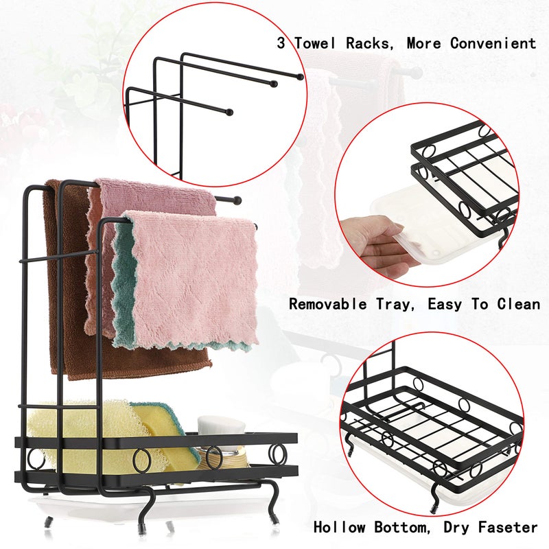 JUXYES Kitchen Sink Caddy Sponge Holder with Dishcloth Drying Rack  Kitchen Rag Stand Sponge Brush Soap Dish Dishcloth Rack Sink Storage Organizer for Kitchen Countertop (Black) - Image 3