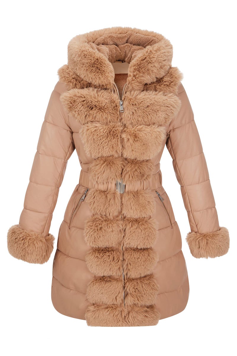 RISISSIDA Puffer Jacket Women Winter Down Faux Fur Lined Puffy Coat with Long Collar Hood, Thicken Quilted Warm Leather Bubble Overcoat Beige S - Image 1