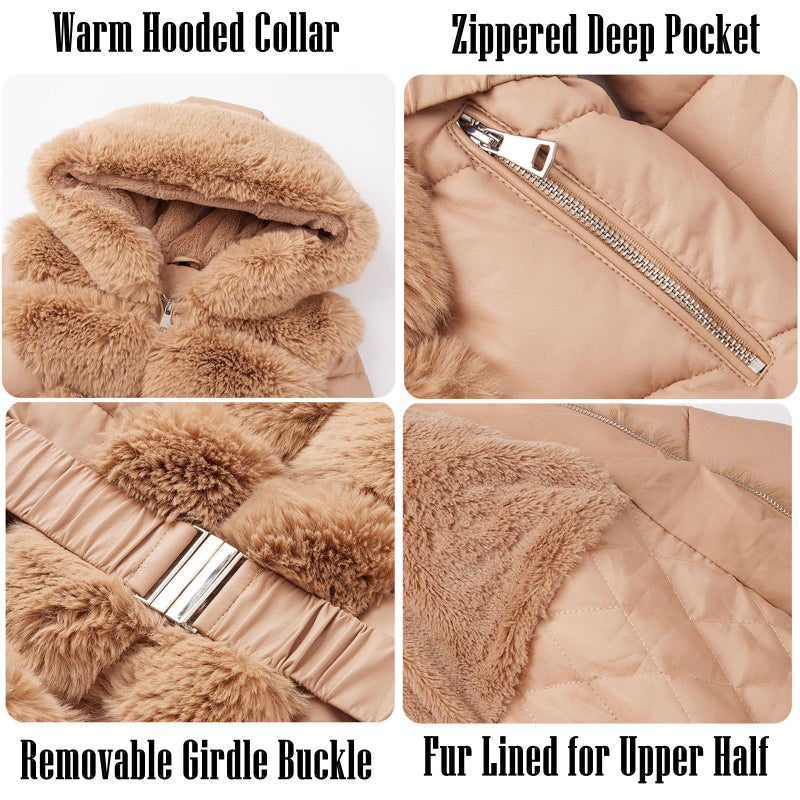RISISSIDA Puffer Jacket Women Winter Down Faux Fur Lined Puffy Coat with Long Collar Hood, Thicken Quilted Warm Leather Bubble Overcoat Beige S - Image 5