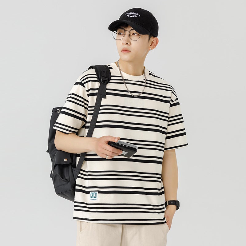 Heavy Weight Stripesd T-Shirt Men's Haichengyun Summer New Loose Trendyy Round Neck Short-Sleeved T-Shirt Couple Tops